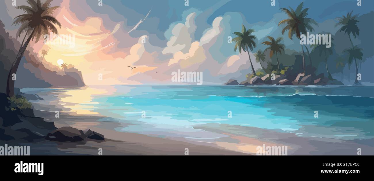 Splendida spiaggia con palme al mattino, con onde di mare tranquille e tranquille, nuvole nel cielo, illustrazione vettoriale Illustrazione Vettoriale