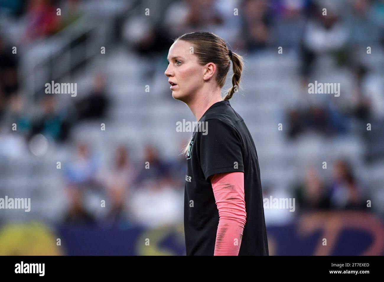 San Diego, Stati Uniti. 11 novembre 2023. San Diego, Stati Uniti, 11 novembre 2023: Mandy Haught (24 Gotham FC) durante il riscaldamento prima del campionato nazionale di calcio femminile tra OL Reign e Gotham FC allo Snapdragon Stadium di San Diego, CA Stati Uniti (SOLO USO EDITORIALE). (Rebekah Wynkoop/SPP) credito: SPP Sport Press Photo. /Alamy Live News Foto Stock