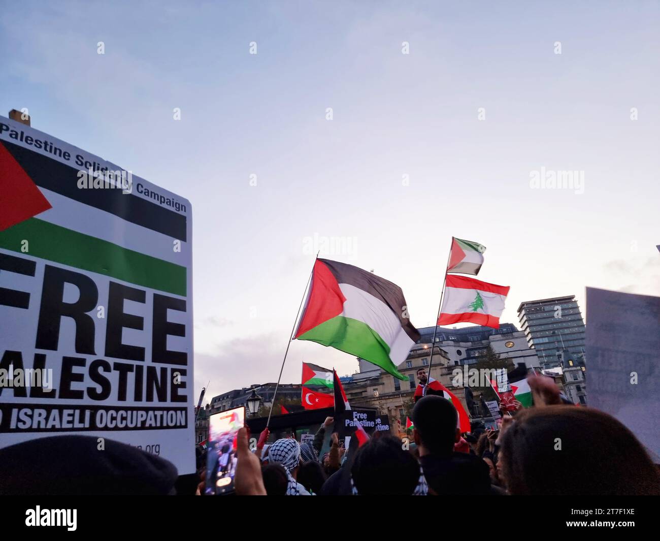 Migliaia di manifestanti alzano voce, portano cartelli e mostrano il loro sostegno ai palestinesi, a Trafalgar Square, nel centro di Londra. Regno Unito. Foto Stock