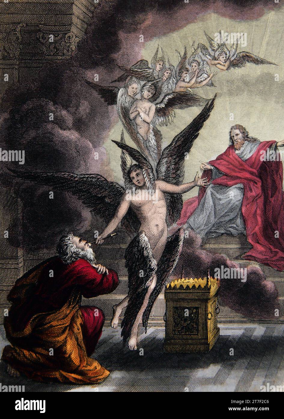 Illustrazione della visione di Isaia della Gloria di Dio (capitolo VI.6,7) visione della Gloria di Dio a cui partecipano lodando i Serafi dall'Auto-interpretazione B Foto Stock