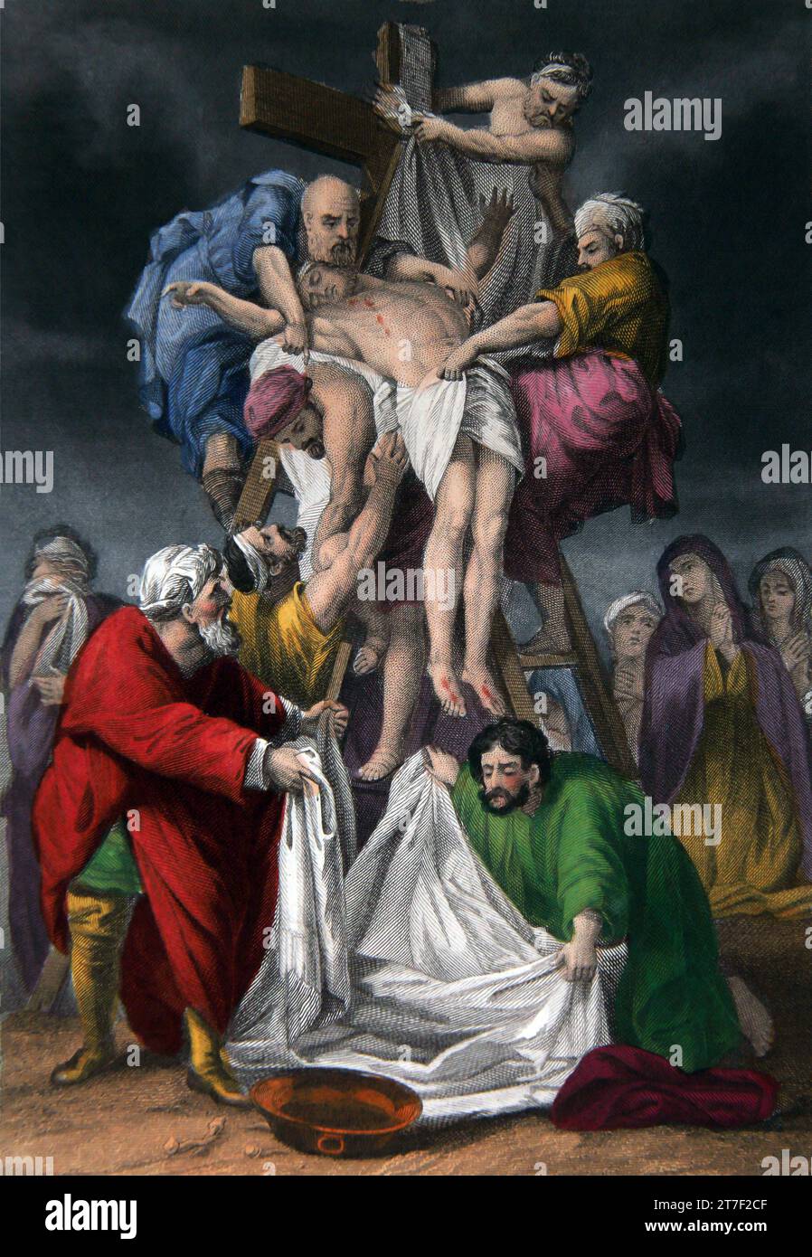 Illustrazione della discesa dalla Croce (Luca XXXIII.53) dalla Bibbia di famiglia Auto-interpretante Foto Stock