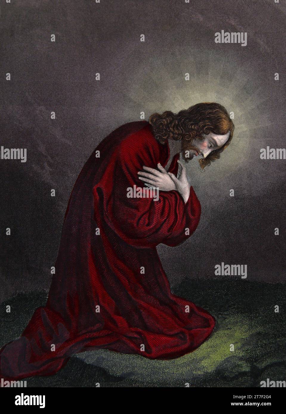 Illustrazione di Gesù Cristo inginocchiato e pregare per la seconda volta nel Giardino del Getsemani (Matteo XXVI.42) dalla famiglia di Auto-interpretazione Foto Stock