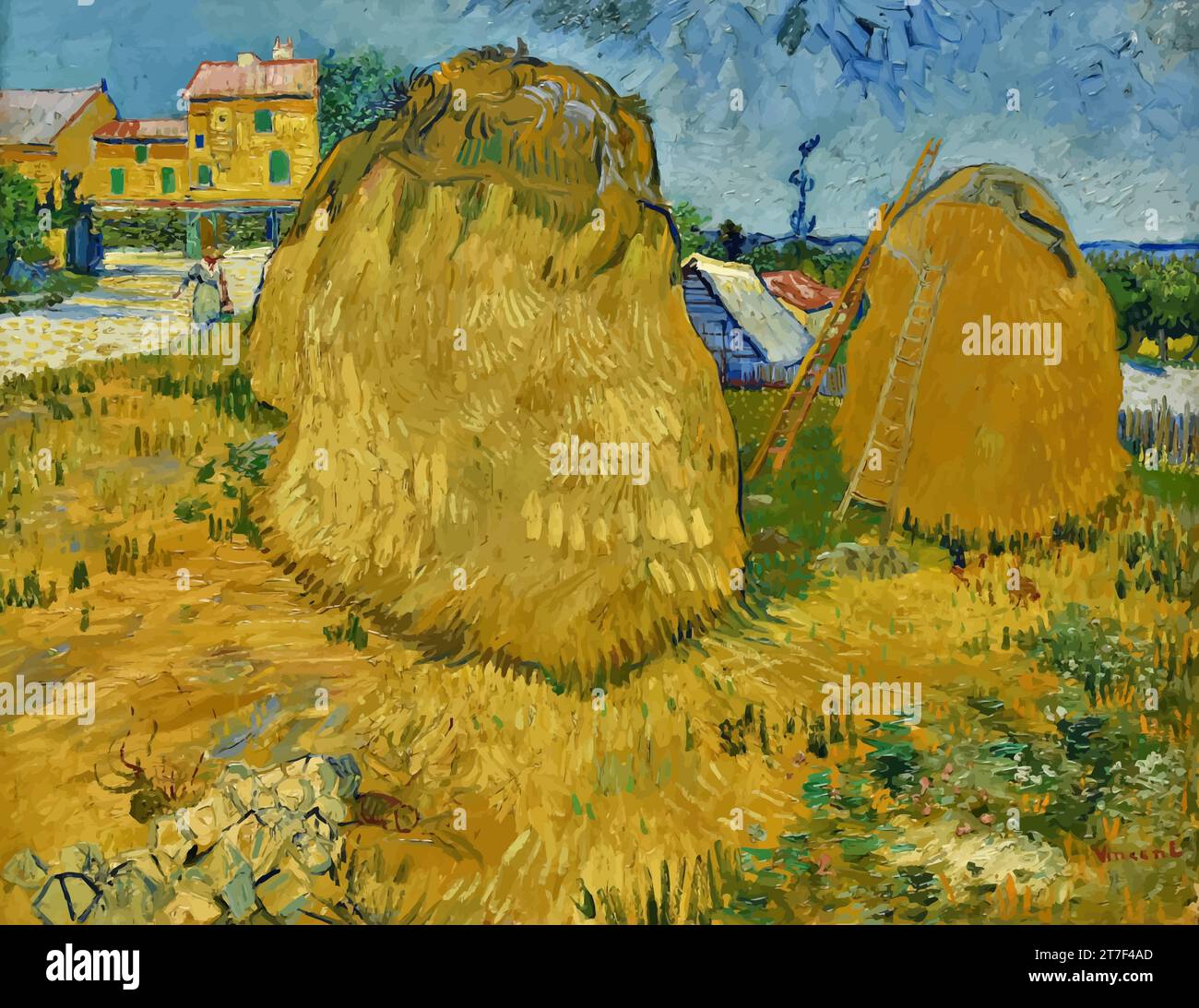 Pile di grano in Provenza, c.1888 (olio su tela) dell'artista Gogh, Vincent van (1853-90) / olandese Illustrazione Vettoriale