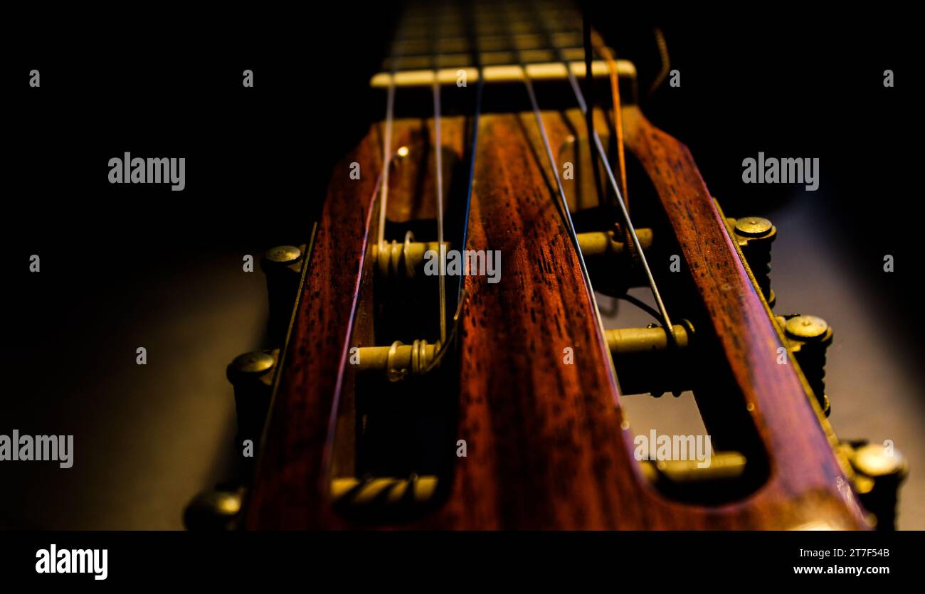 Testa di chitarra macro con sfondo nero Foto Stock