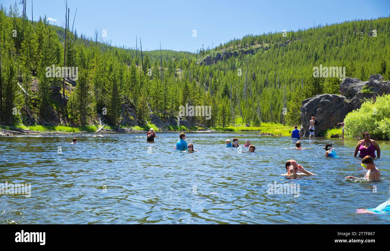 Yellowstone, America - 12 giugno 2016: Turisti che nuotano nelle sorgenti termali Foto Stock