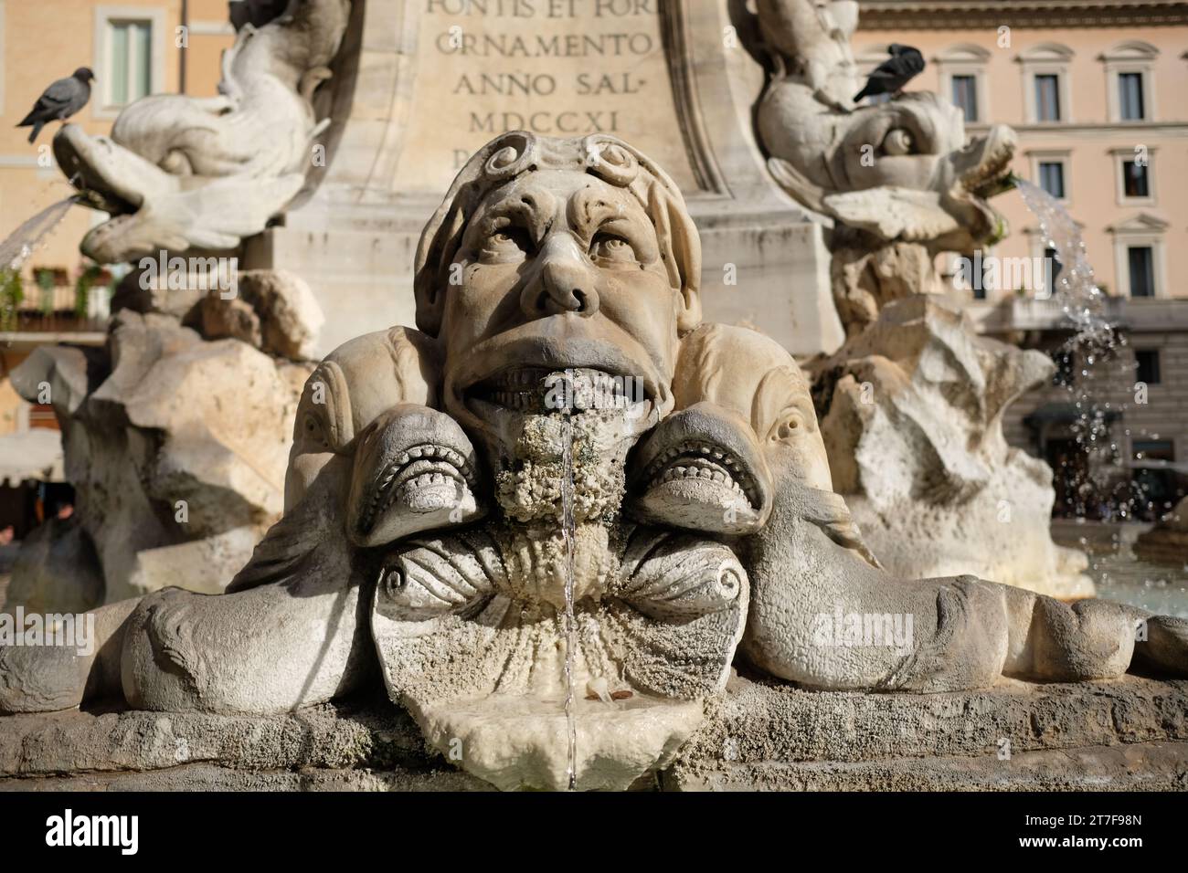 Primo piano della Fontana del Pantheon a Roma. Foto Stock