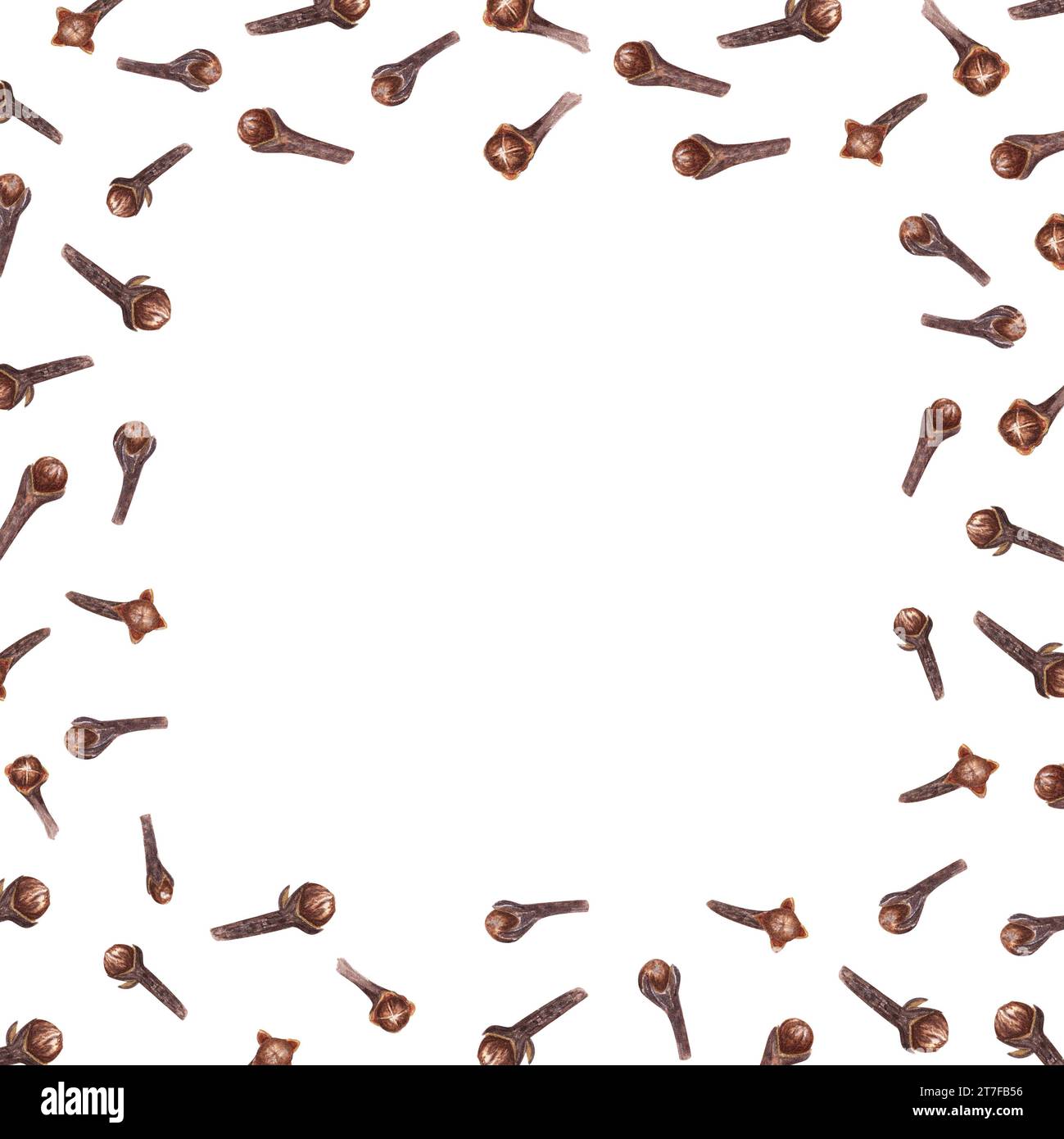Chiodi di garofano essiccati. Cornice quadrata acquerello. Gemme, cibo biologico naturale. Illustrazione invernale disegnata a mano di spezie marroni. Per i saluti, i biglietti, il pacco. Foto Stock