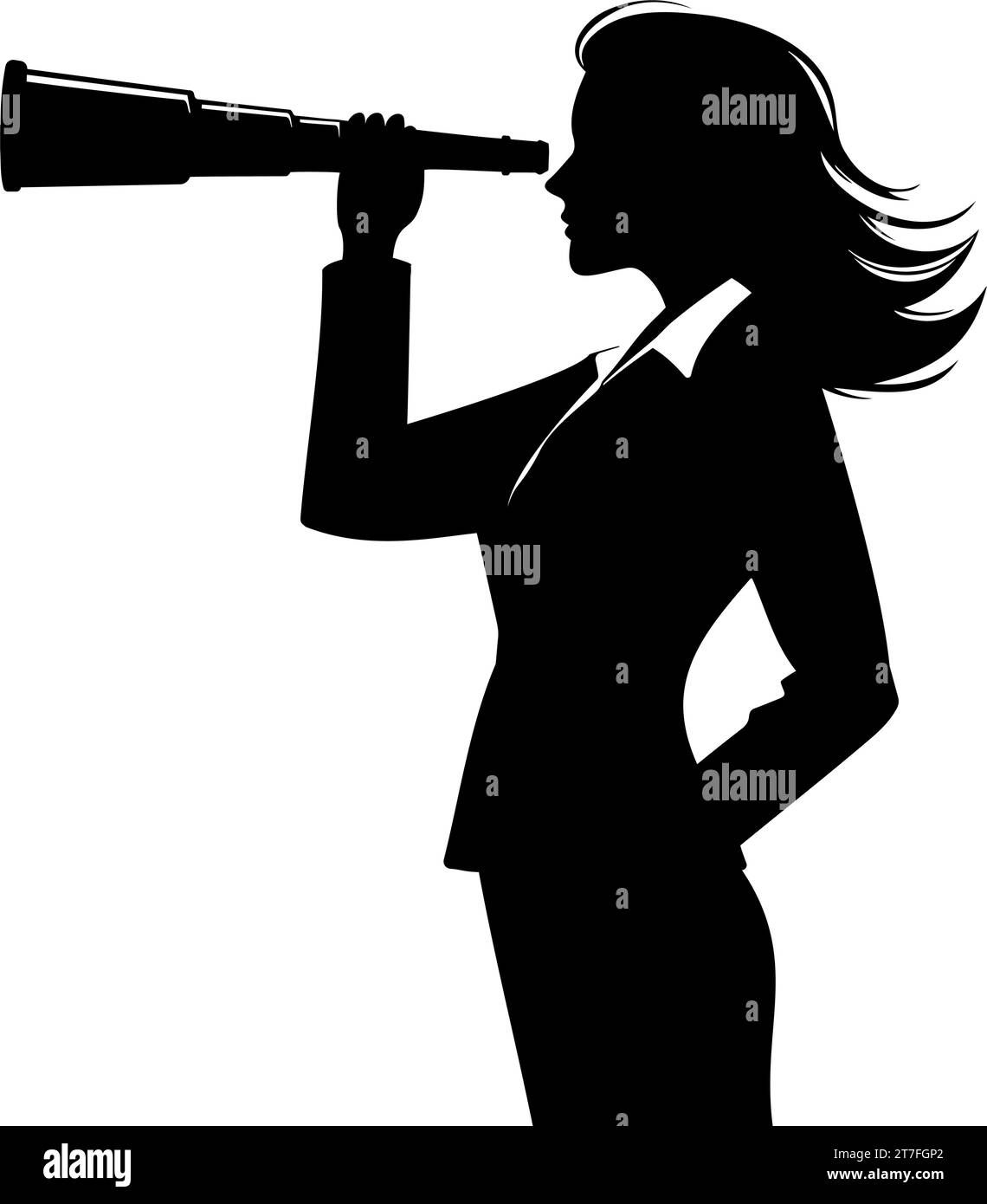 La donna d'affari ha una silhouette da telescopio. Previsione, visione nel concetto aziendale. Illustrazione vettoriale Illustrazione Vettoriale
