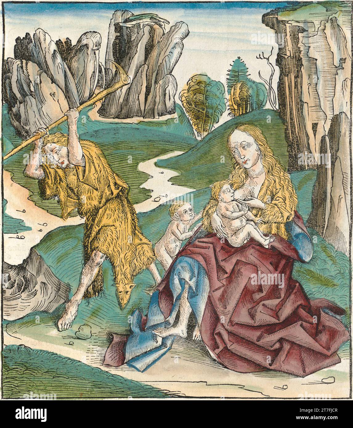 Adamo ed Eva che solleva Caino e Abele - illustrazione dalla Cronaca di Norimberga, 1493. Illustrato da Wilhelm Pleydenwurff e Michael Wolgemut Foto Stock