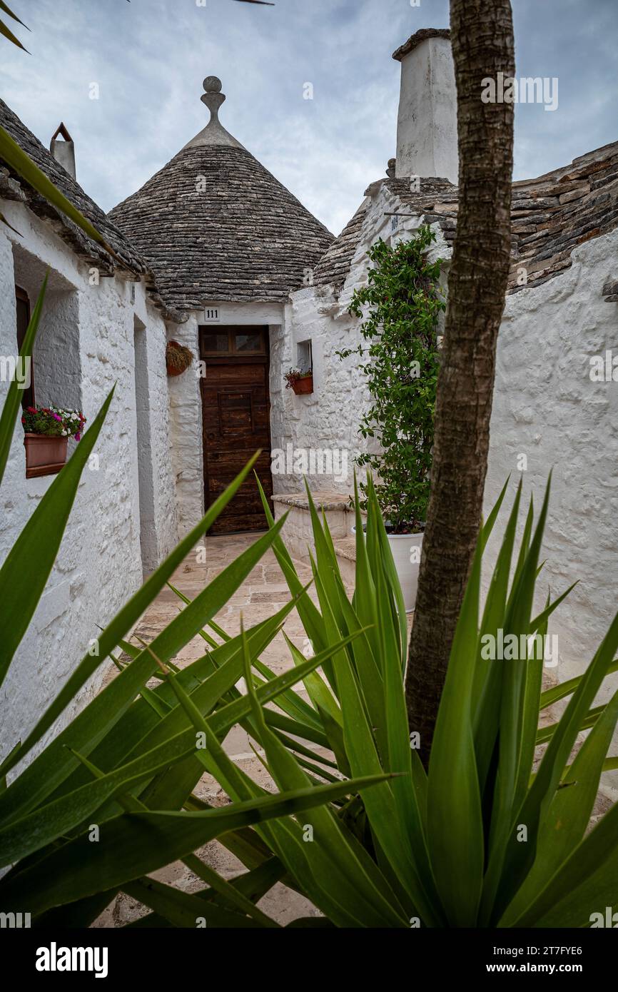 I trulli di Alberobello rappresentano la tradizione edilizia in pietra a secco Foto Stock