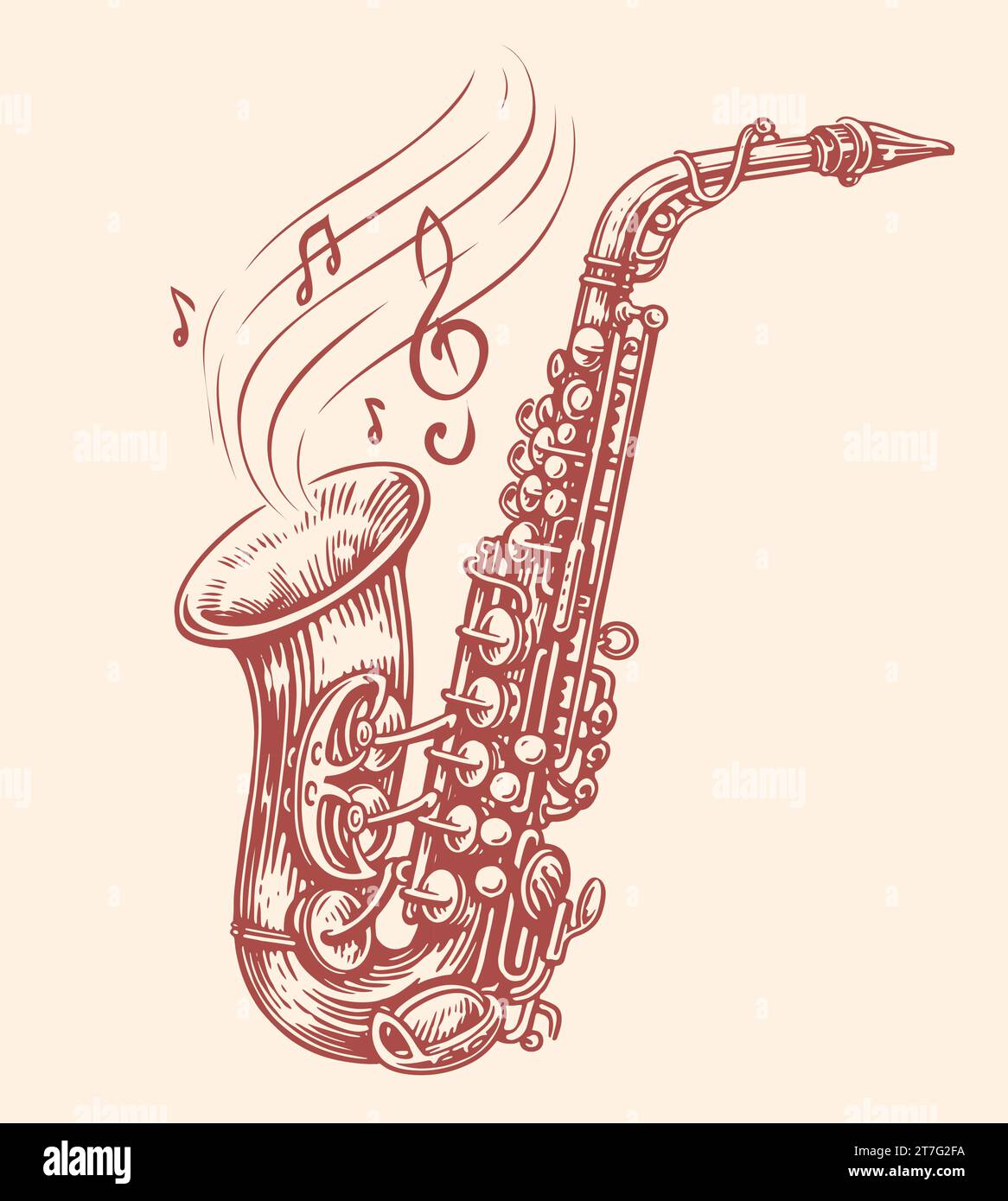 Sassofono con note musicali in uscita. Strumento musicale Jazz, illustrazione vettoriale Illustrazione Vettoriale