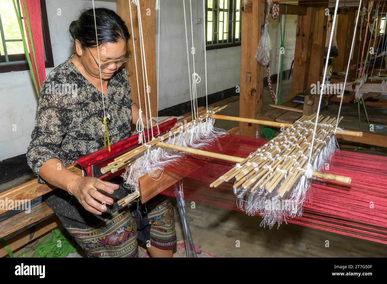 Azienda agricola e fabbrica di seta biologica, donna tessitrice di sete, Phonsavan, provincia di Xiangkhouang, Laos, sud-est asiatico, Asia Foto Stock