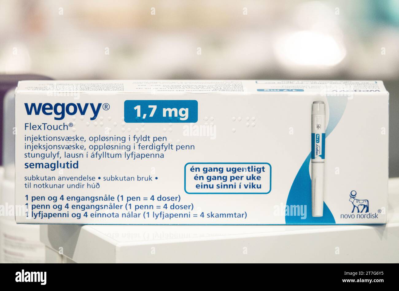 Confezione di Wegovy (semaglutide) farmaco iniettabile con prescrizione medica, farmaco per perdita di peso da Novo Nordisk AS. Copenhagen, Danimarca - 13 agosto 2023 Foto Stock