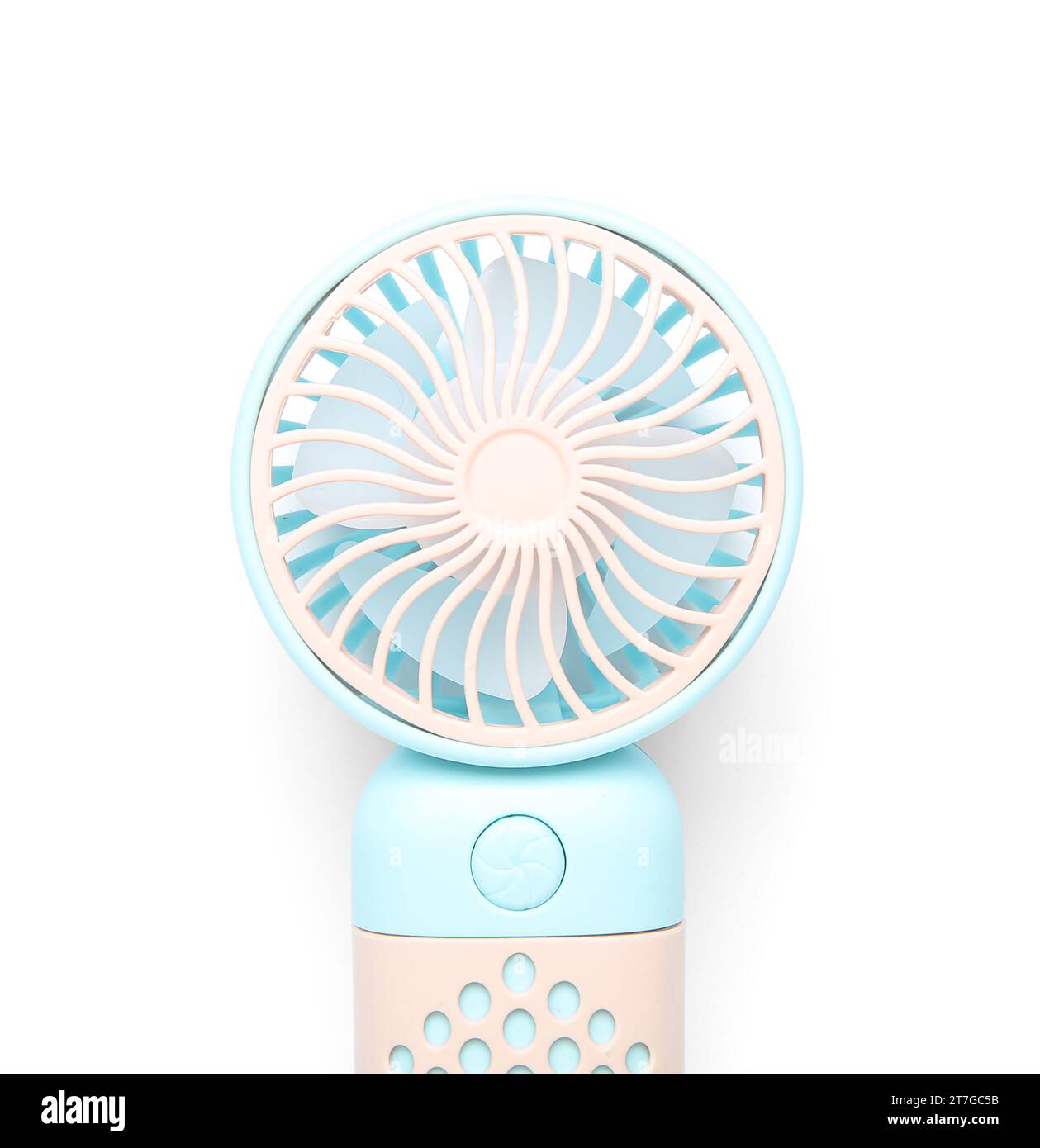 Mini ventola elettrica su sfondo bianco Foto Stock