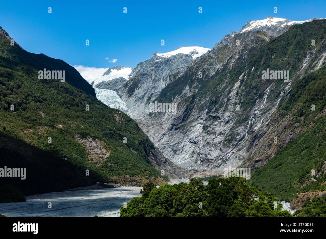 Il ghiacciaio Franz Josef in nuova Zelanda termina attualmente a 19 km dal Mare di Tasman. Verso la fine dell'ultima era glaciale circa 18.000 anni fa si estendeva Foto Stock