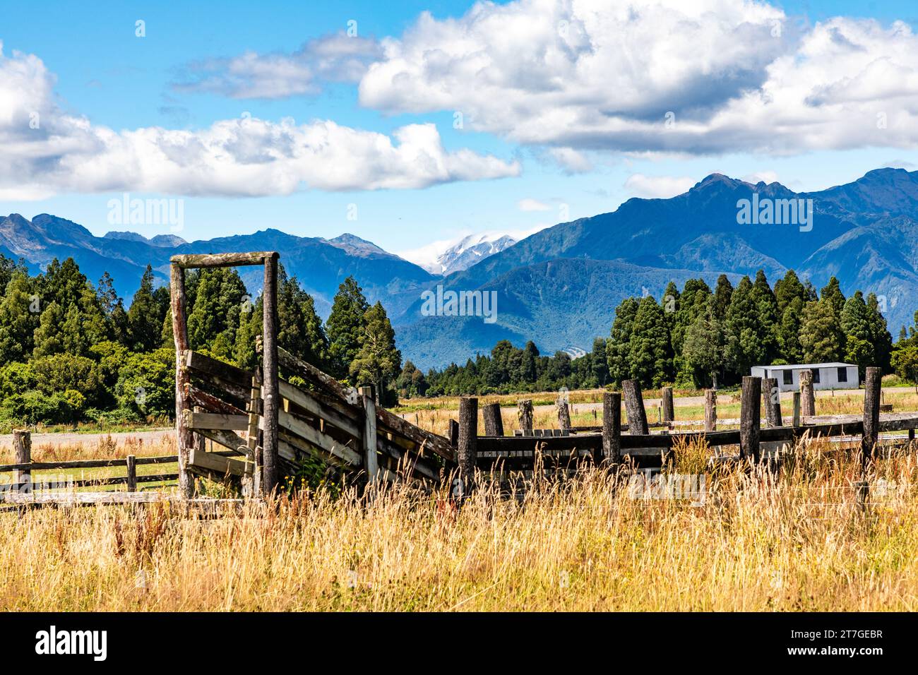 Vista tipica della nuova Zelanda, delle fattorie e delle montagne. Vicino a Hokitika sulla costa occidentale. Foto Stock