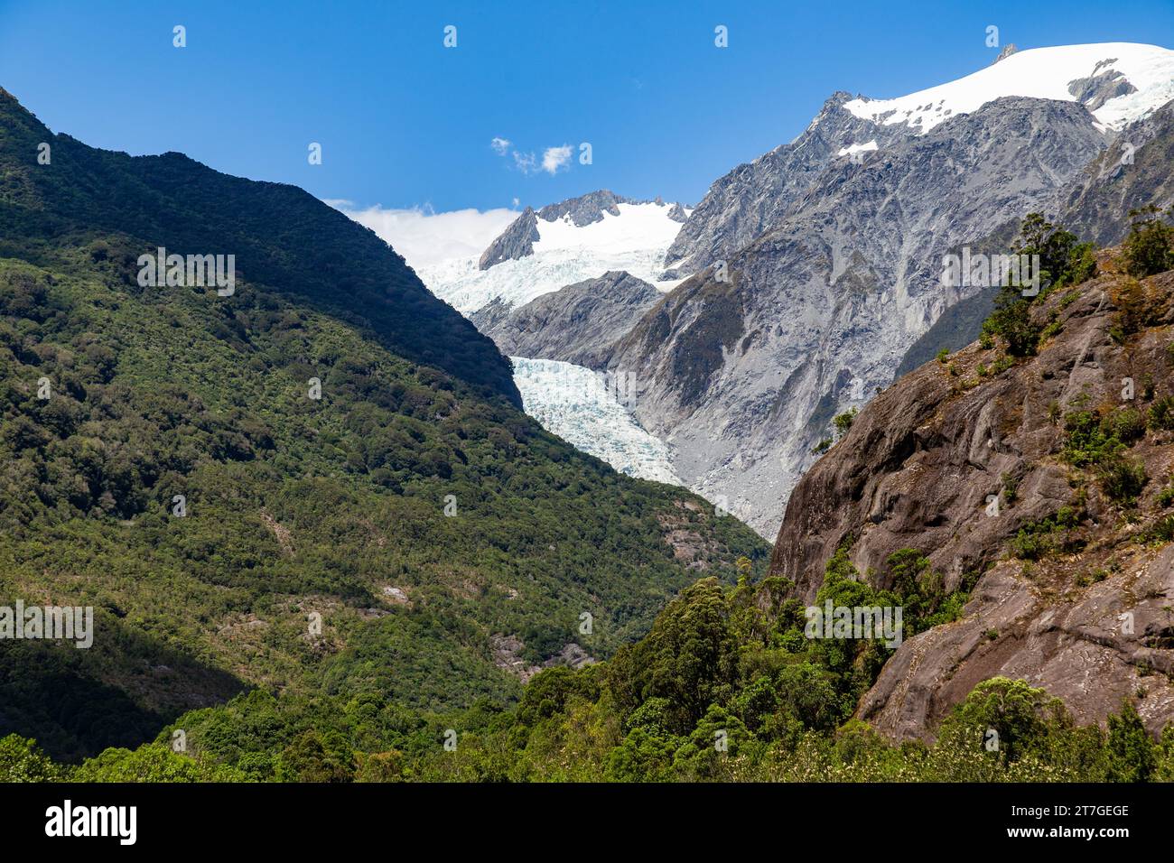 L'area dei ghiacciai Franz Josef è il terzo luogo turistico più visitato della nuova Zelanda un tempo era possibile raggiungere a piedi il ghiacciaio, ma non su di esso. Un deca Foto Stock