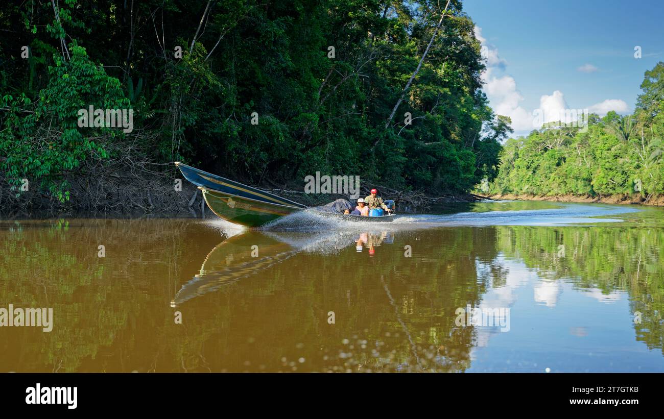 Trasporto in canoa fluviale nella foresta pluviale amazzonica, nella riserva di Cuyabeno nella regione amazzonica tra Ecuador e Perù Foto Stock