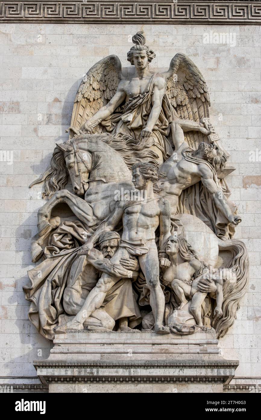 Relief, la resistenza del popolo francese contro gli Alleati 1814, di Antoine Etex sul lato ovest dell'Arc de Triomphe de l'Etoile, Place Foto Stock