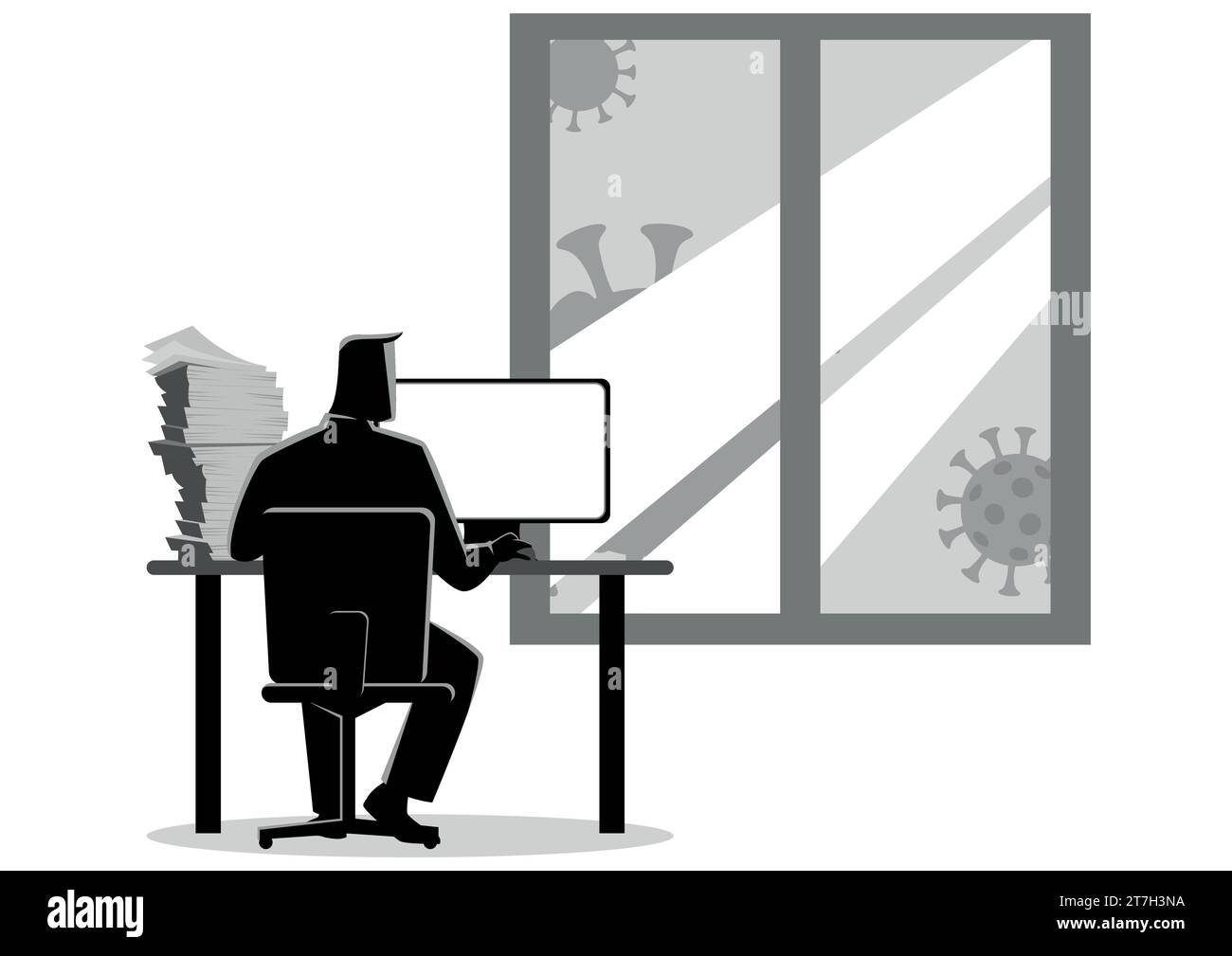 Semplice immagine vettoriale piatta in bianco e nero di un uomo che lavora da casa durante l'epidemia di coronavirus Illustrazione Vettoriale