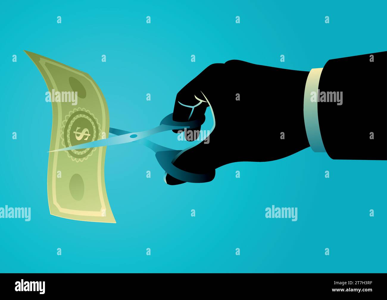 Illustrazione vettoriale del concetto di business della mano di un uomo d'affari con le forbici che tagliano le bollette. Riduzione dei prezzi o dei costi, crisi, concetto di ridenominazione Illustrazione Vettoriale