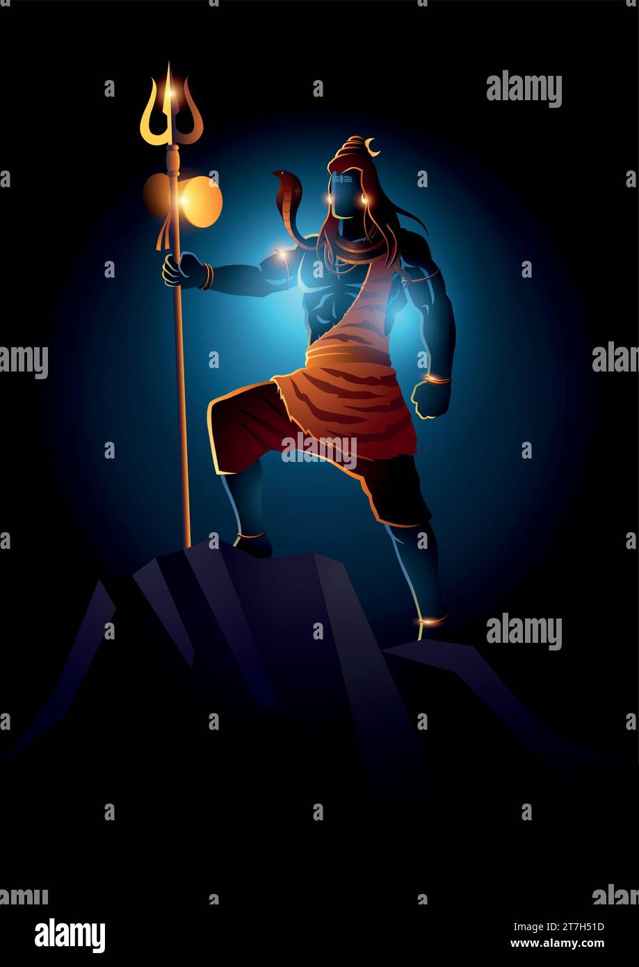 Illustrazione vettoriale di Lord Shiva in cima a una roccia, Dio indiano indù Illustrazione Vettoriale