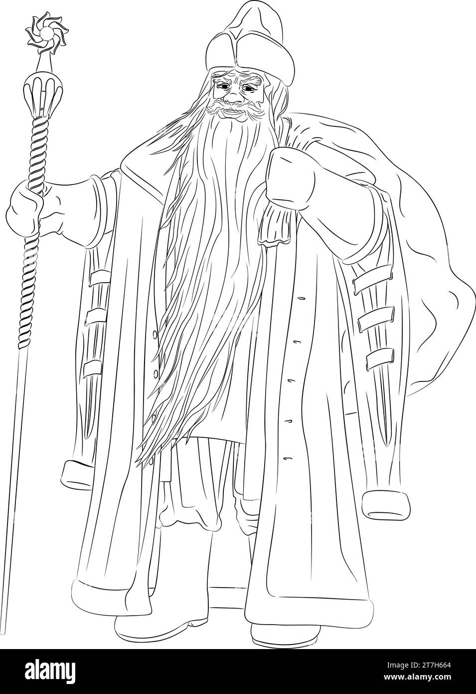 Line art di Ded Moroz con una borsa dietro la schiena e uno staff. Illustrazione vettoriale di Ded Moroz, il Babbo Natale russo. Illustrazione Vettoriale