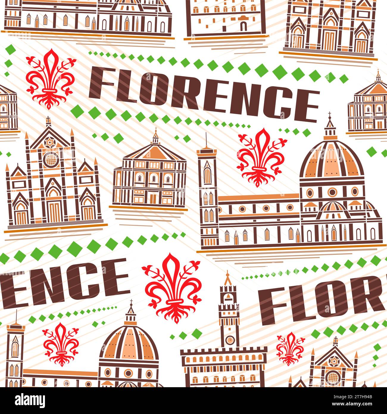 Modello Vector Florence senza giunture, sfondo ripetuto con illustrazione del famoso paesaggio cittadino di firenze su sfondo bianco per biancheria da letto e decorazioni Illustrazione Vettoriale