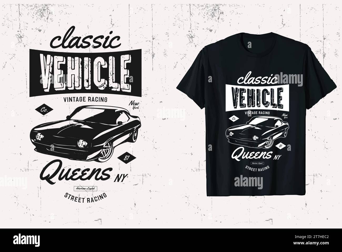 T-shirt Classic Car Design Vector. Immagine della tipografia di un'auto d'epoca. t-shirt con stampe in bianco e nero. Illustrazione Vettoriale