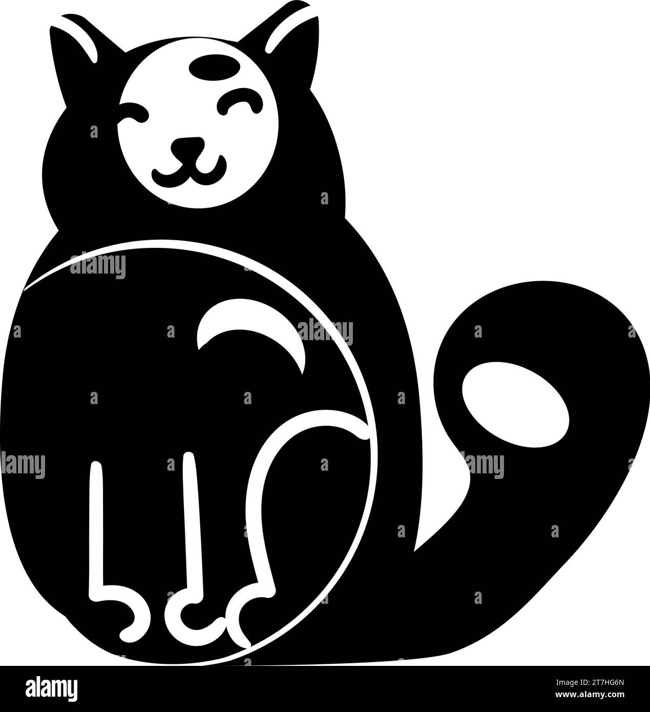 Silhouette Doodle con statuetta in ceramica di Happy Cat, elemento decorativo del festival invernale. Felice regalo per le vacanze invernali con gatto giocattolo. Semplice forma nera fr Illustrazione Vettoriale
