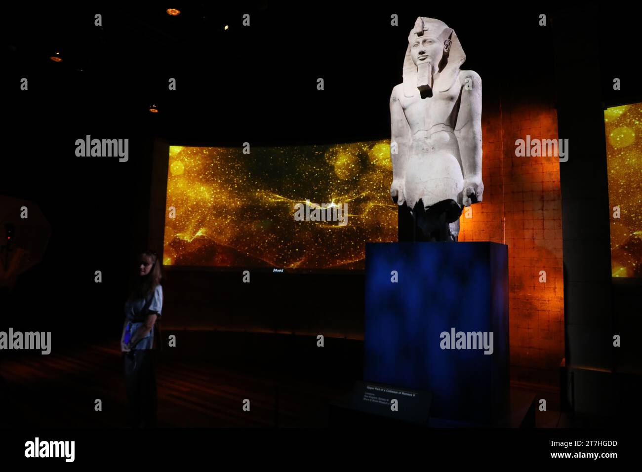 Sydney, Australia. 16 novembre 2023. Anteprima mediatica della mostra Ramses & the Gold of the Pharaohs presso l'Australian Museum, con 182 oggetti inestimabili, tra cui il sarcofago di Ramses II, una delle bare reali più rare e impressionanti dell'antico Egitto mai scoperte. Museo Australiano, Hintze Hall. 1 William Street, cnr College St, Sydney. Crediti: Richard Milnes/Alamy Live News Foto Stock