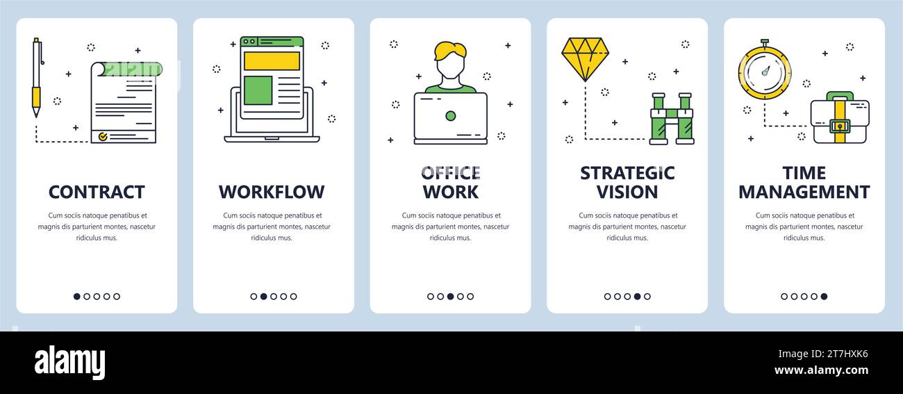 Set vettoriale di banner verticali con contratti, flusso di lavoro, lavoro in ufficio, visione strategica, modelli di siti Web per la gestione del tempo. Moderno stile piatto dalle linee sottili Illustrazione Vettoriale