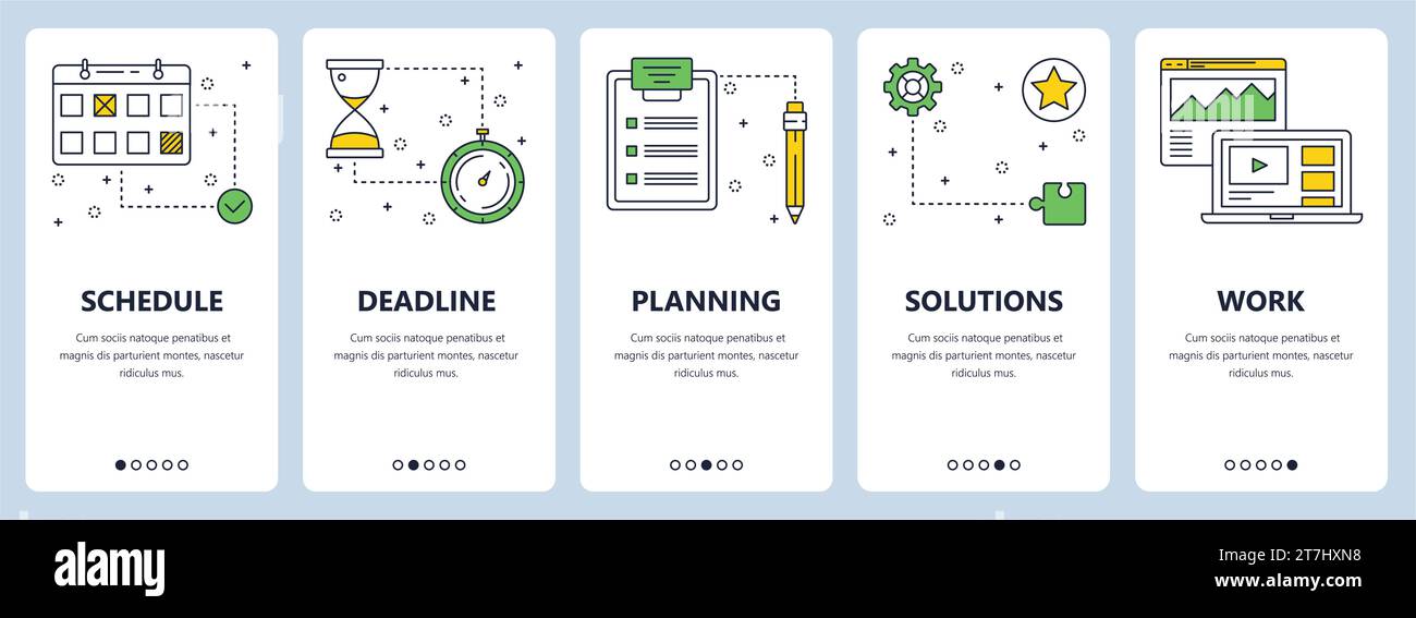 Serie vettoriale di banner verticali con pianificazione, scadenza, pianificazione, soluzioni, modelli di siti Web di lavoro. Design moderno e sottile in stile piatto. Illustrazione Vettoriale