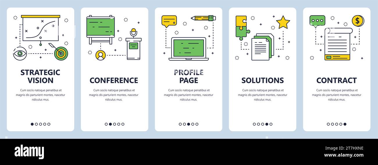 Serie vettoriale di banner verticali con visione strategica, conferenza, pagina profilo, soluzioni e modelli di siti Web per contratti. Moderno stile piatto dalle linee sottili Illustrazione Vettoriale