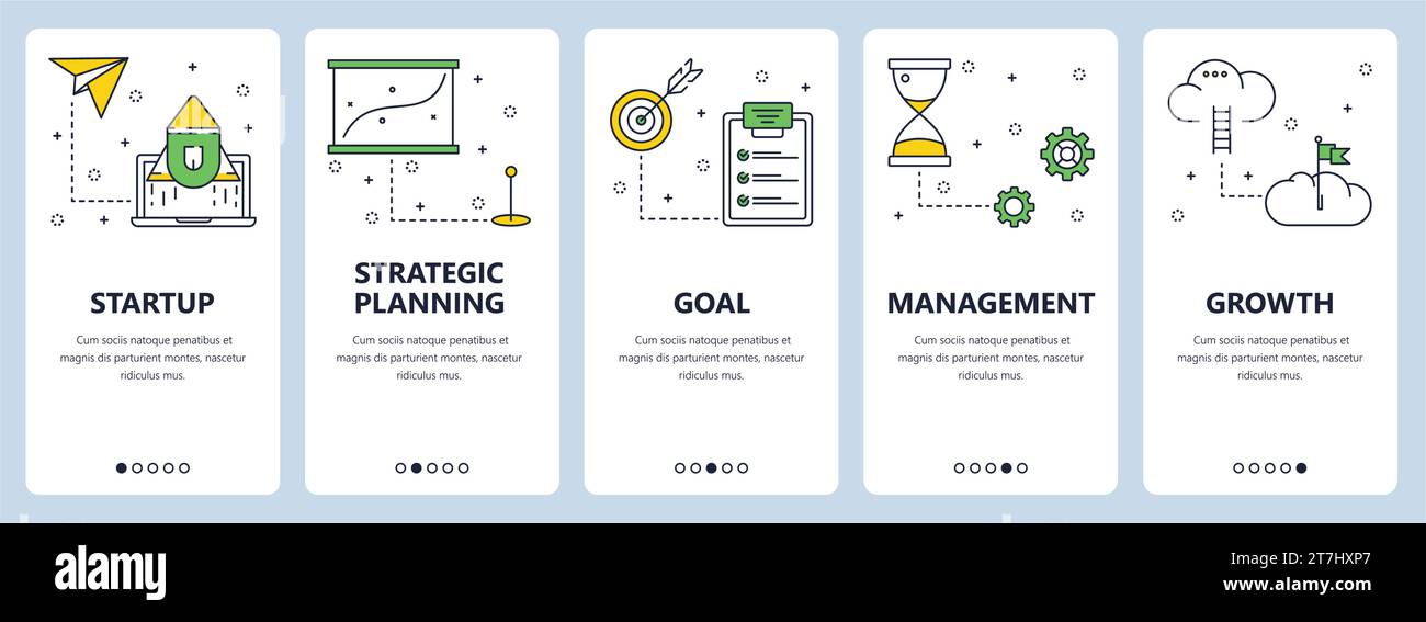 Set vettoriale di banner verticali con modelli di avvio, pianificazione strategica, obiettivo, gestione, crescita del sito Web. Design moderno e sottile in stile piatto. Illustrazione Vettoriale