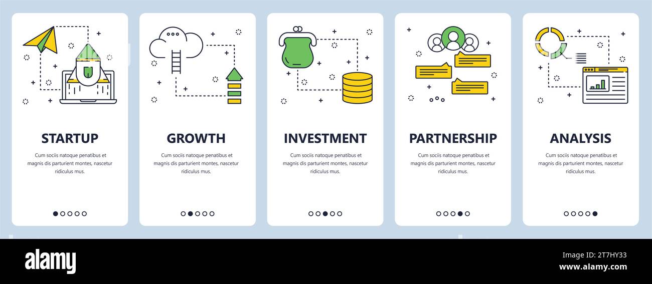 Set vettoriale di banner verticali con modelli di siti Web di startup, crescita, investimenti, partnership, analisi. Design moderno e sottile in stile piatto. Illustrazione Vettoriale