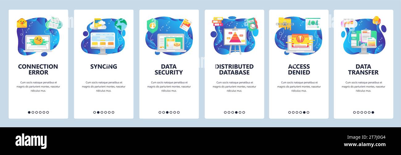 Schermate di onboarding delle app mobili. Tecnologia informatica, sicurezza informatica, accesso negato, sincronizzazione dati, errore di connessione. Modello di banner vettoriale per il sito Web e. Illustrazione Vettoriale