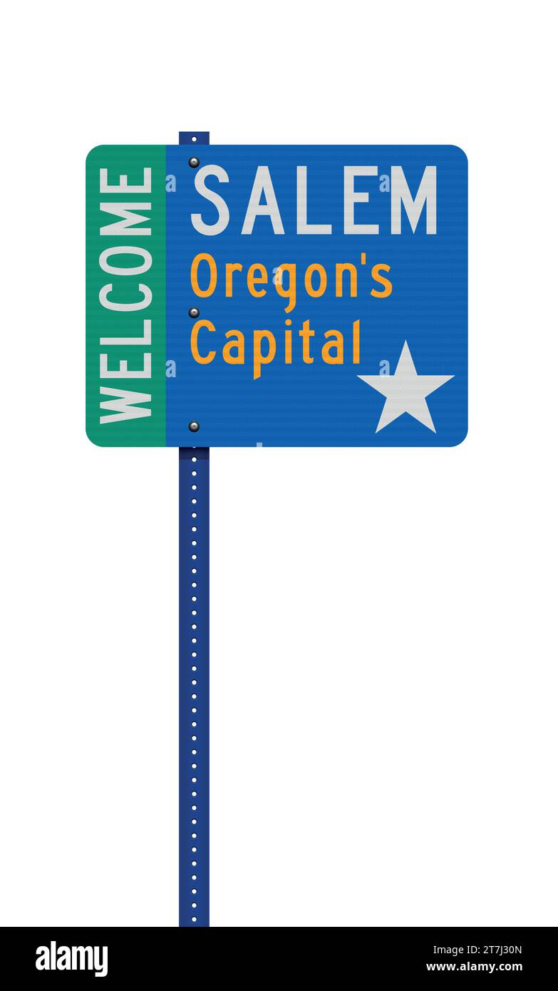 Illustrazione vettoriale del cartello Welcome Salem (Oregon), Oregon's Capital Road, posto su palo metallico Illustrazione Vettoriale