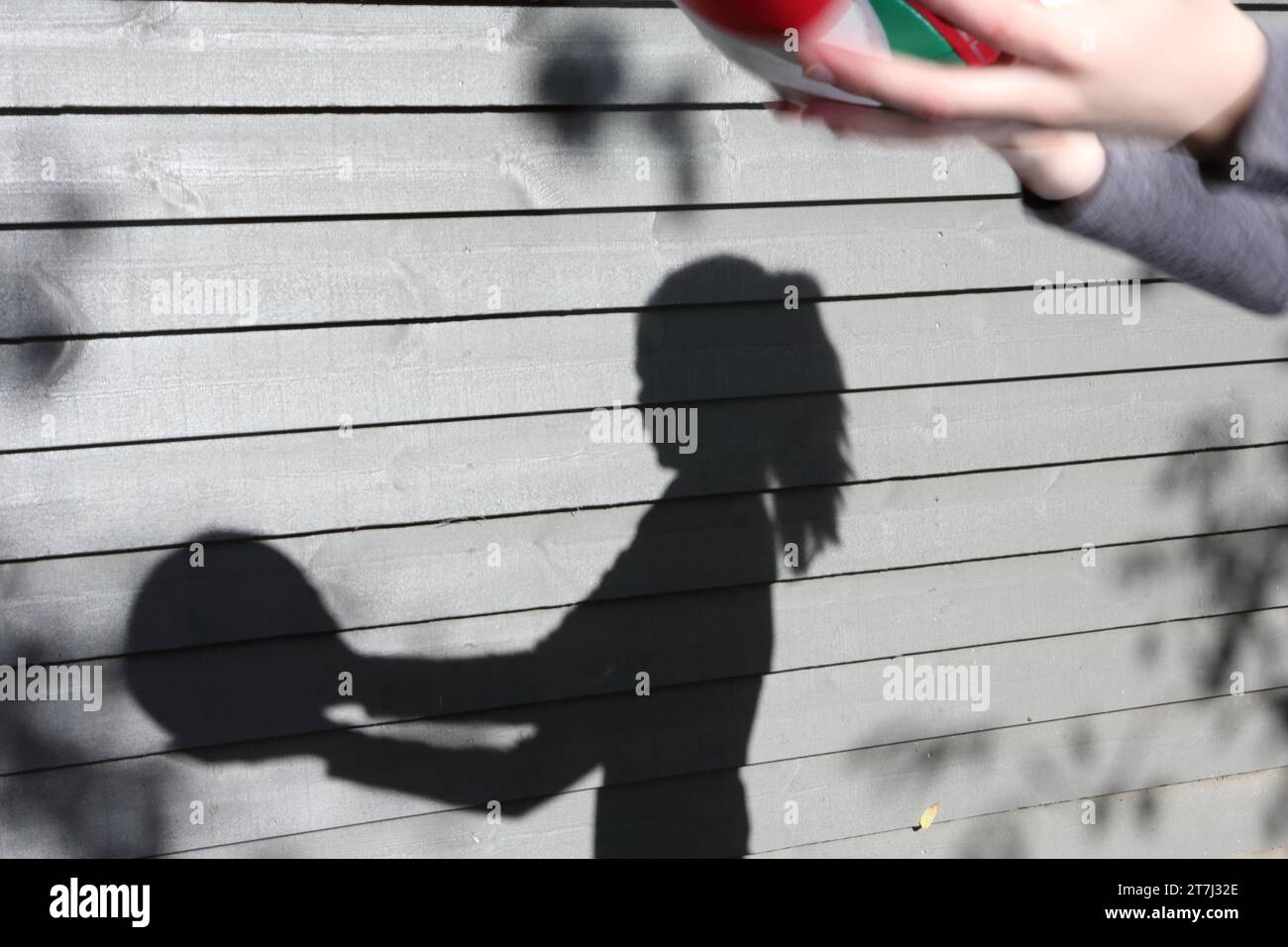 La ragazza adolescente tiene la pallavolo con la sua ombra su sfondo grigio di legno Foto Stock