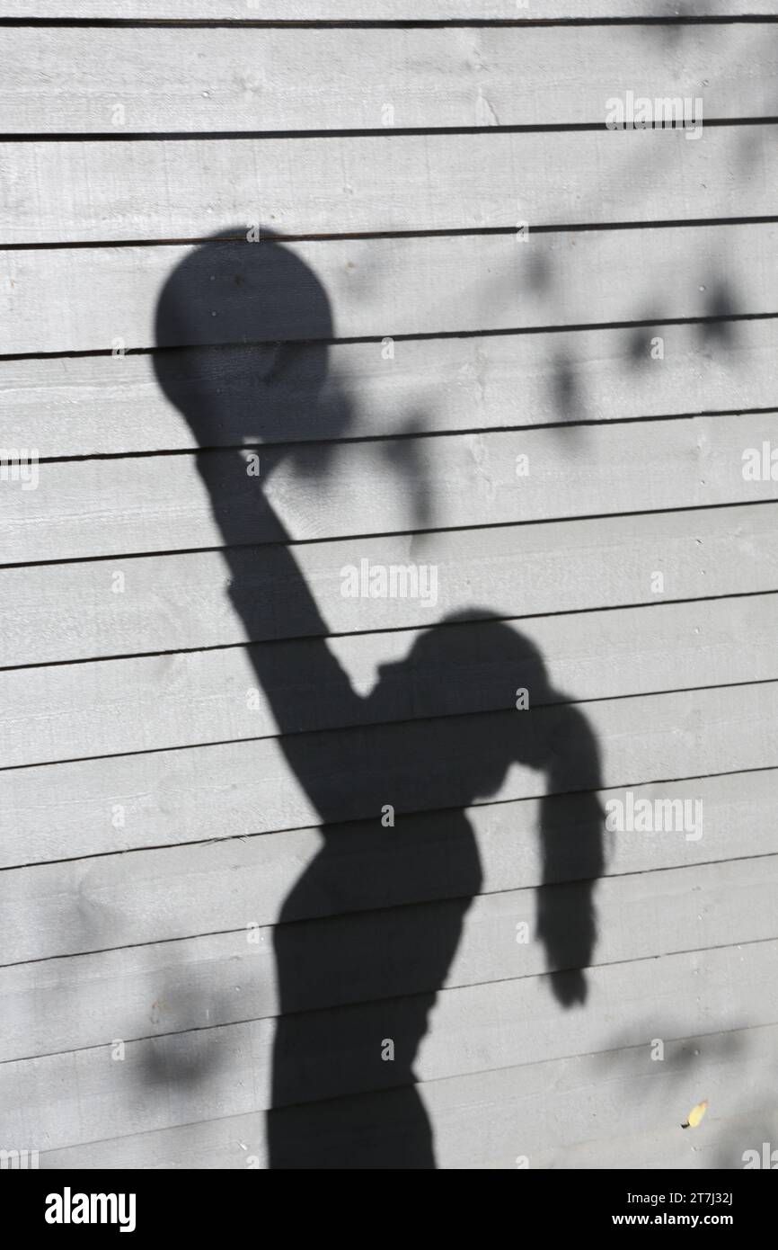 La pallavolo adolescente tira l'ombra di braccia in piedi e regge la palla Foto Stock