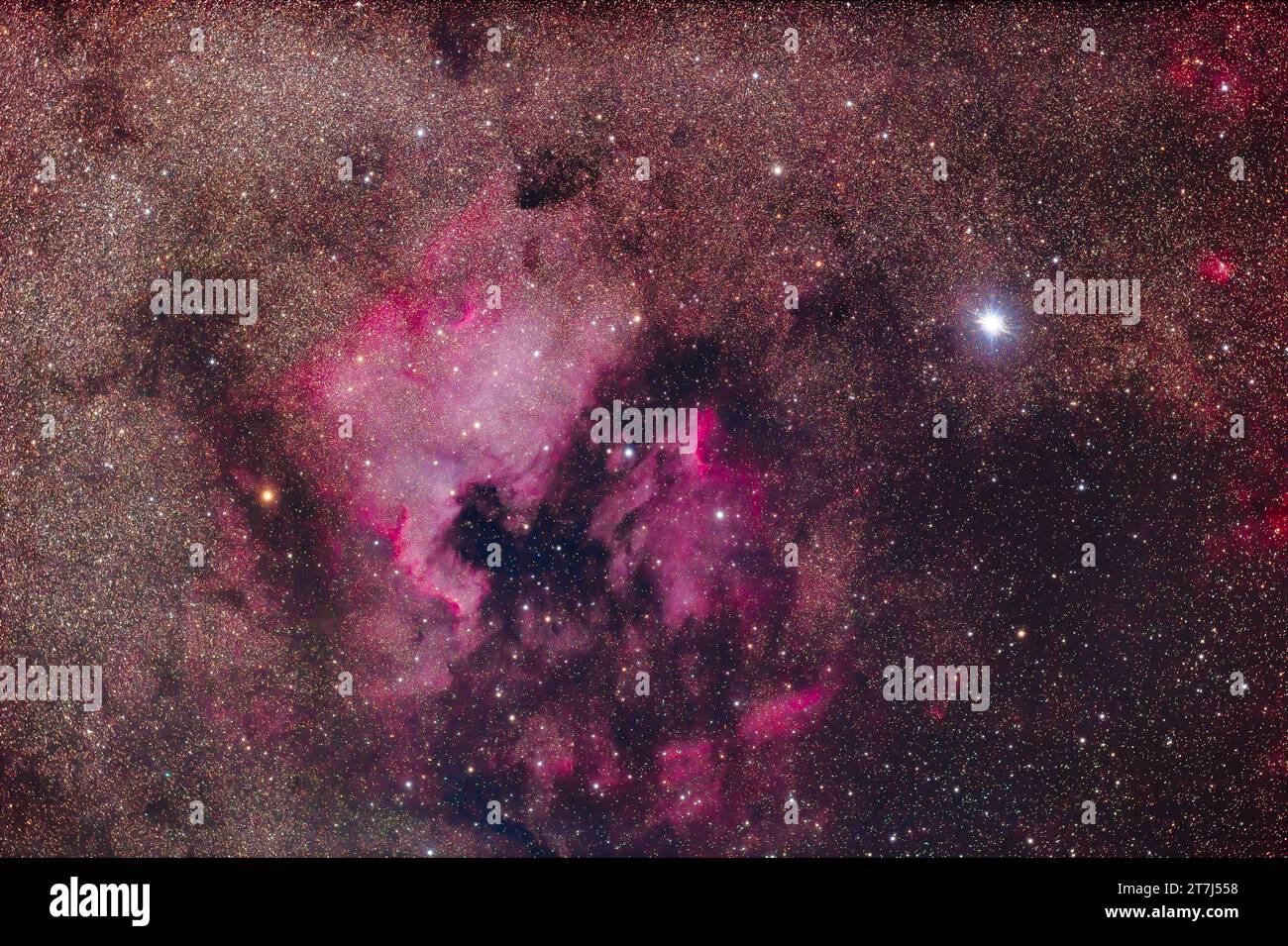 La Nebulosa del Nord America (a sinistra del centro) e il complesso Pelican Nebula (al centro) a Cygnus, incorniciati dalla brillante stella Deneb. L'Arco di Cygnus di i Foto Stock