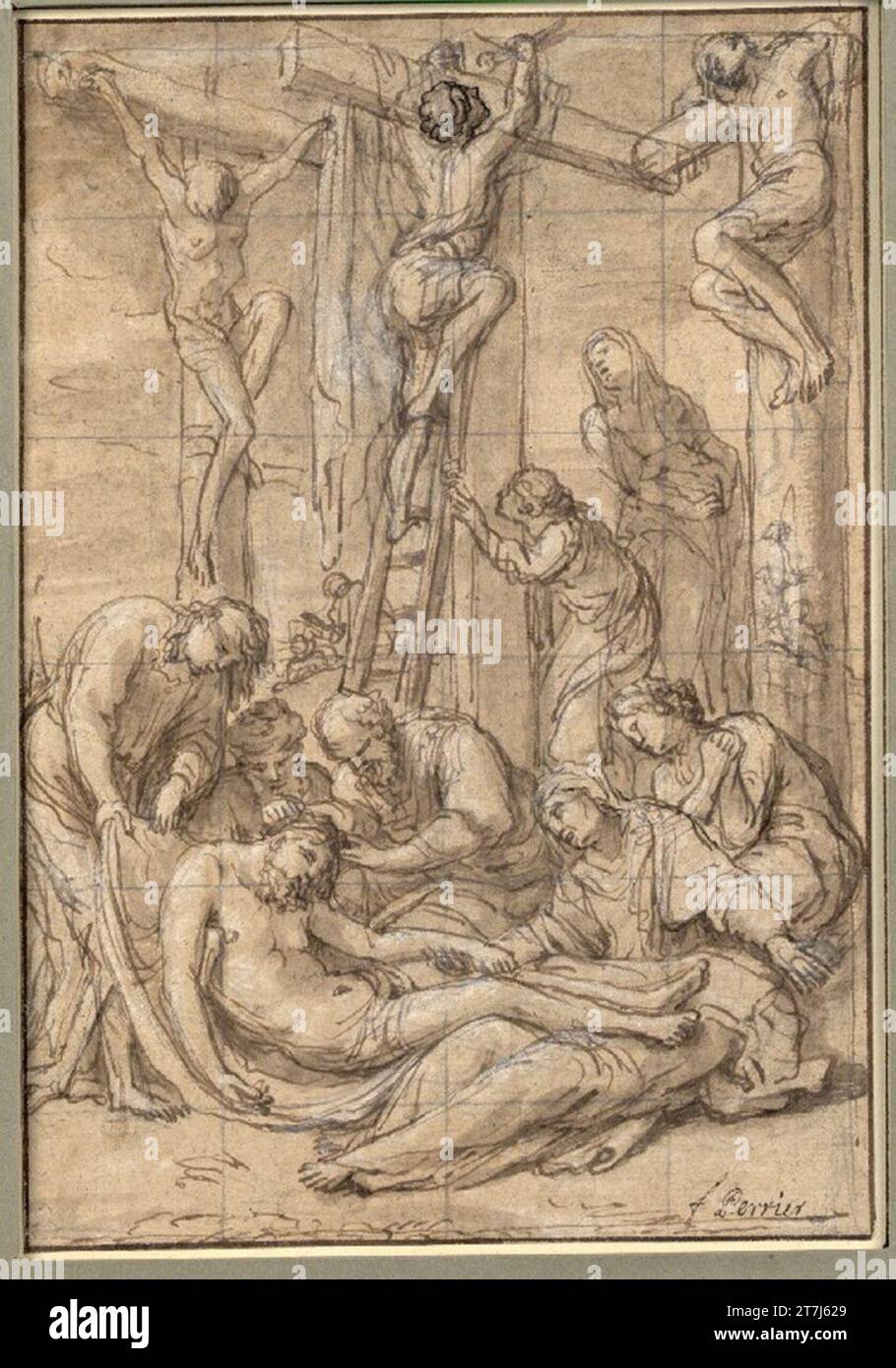 Francesco Perrier la civiltà di Cristo ai piedi della Croce del Golgatha. Maniglia, molla, inchiostro, spazzola, lavata marrone, con coperta bianca, rete di allargamento nel torace di piombo, su carta giallastra Foto Stock