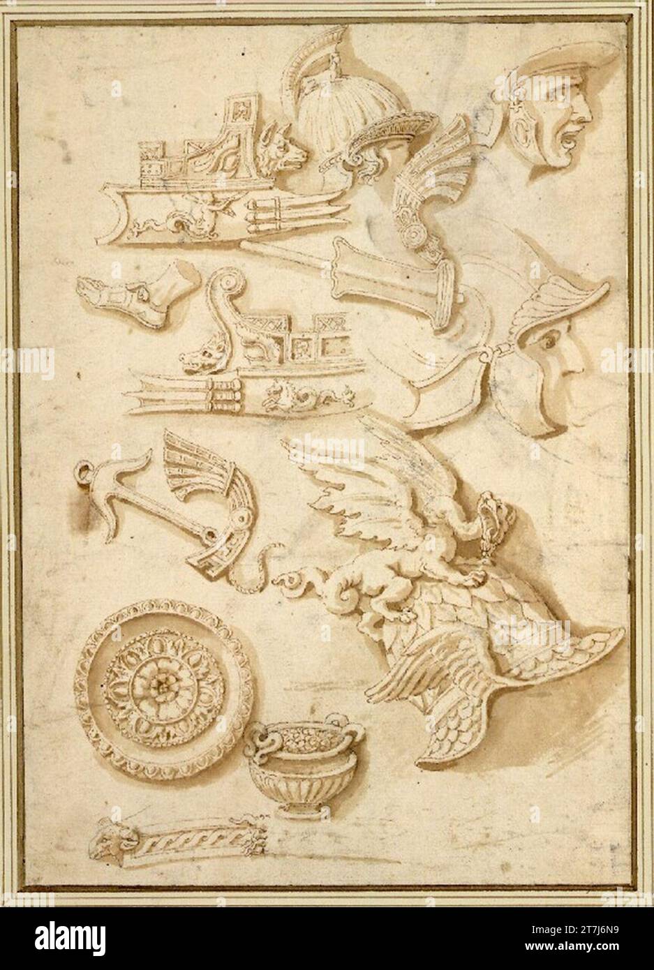 Studi di Nicolas Poussin basati su antichi dispositivi e teste di guerrieri romani. Feder, inchiostro, pennello, lavato marrone, manico in piombo, stampe in gesso di pietra Foto Stock