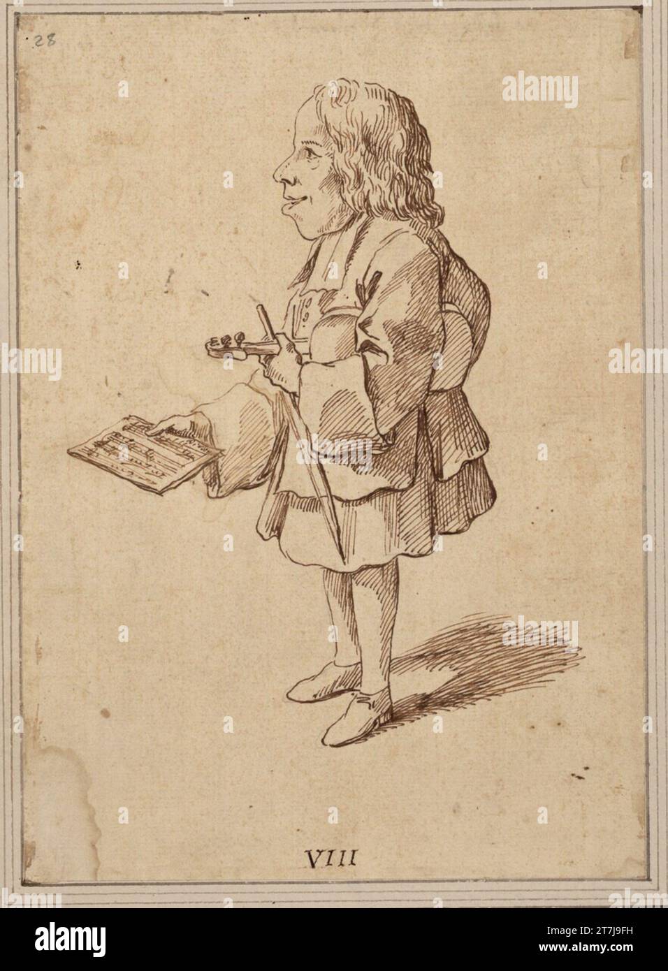 Pier Leone Ghezzi il violinista Bernardino Bonati con violino e spartiti. Piuma Foto Stock