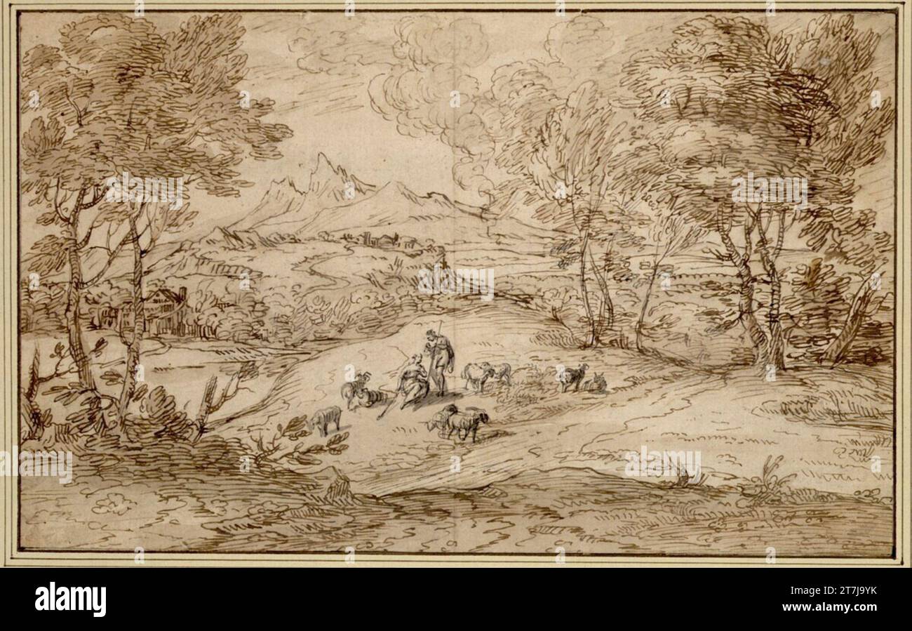 Pietro Locatelli Pastore scena in un paesaggio montuoso. Gesso; piuma; lavata grigia e marrone Foto Stock