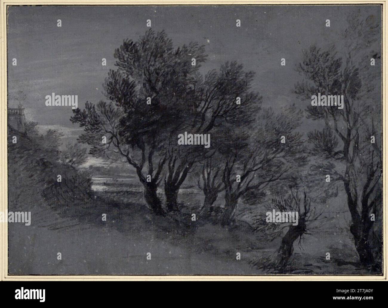 Pietro Locatelli Lanfand con alberi sotto un colle sul quale è visibile sulla sinistra una terrazza con parapetto in pietra. Pennello grigio; carta blu con primer grigio Foto Stock