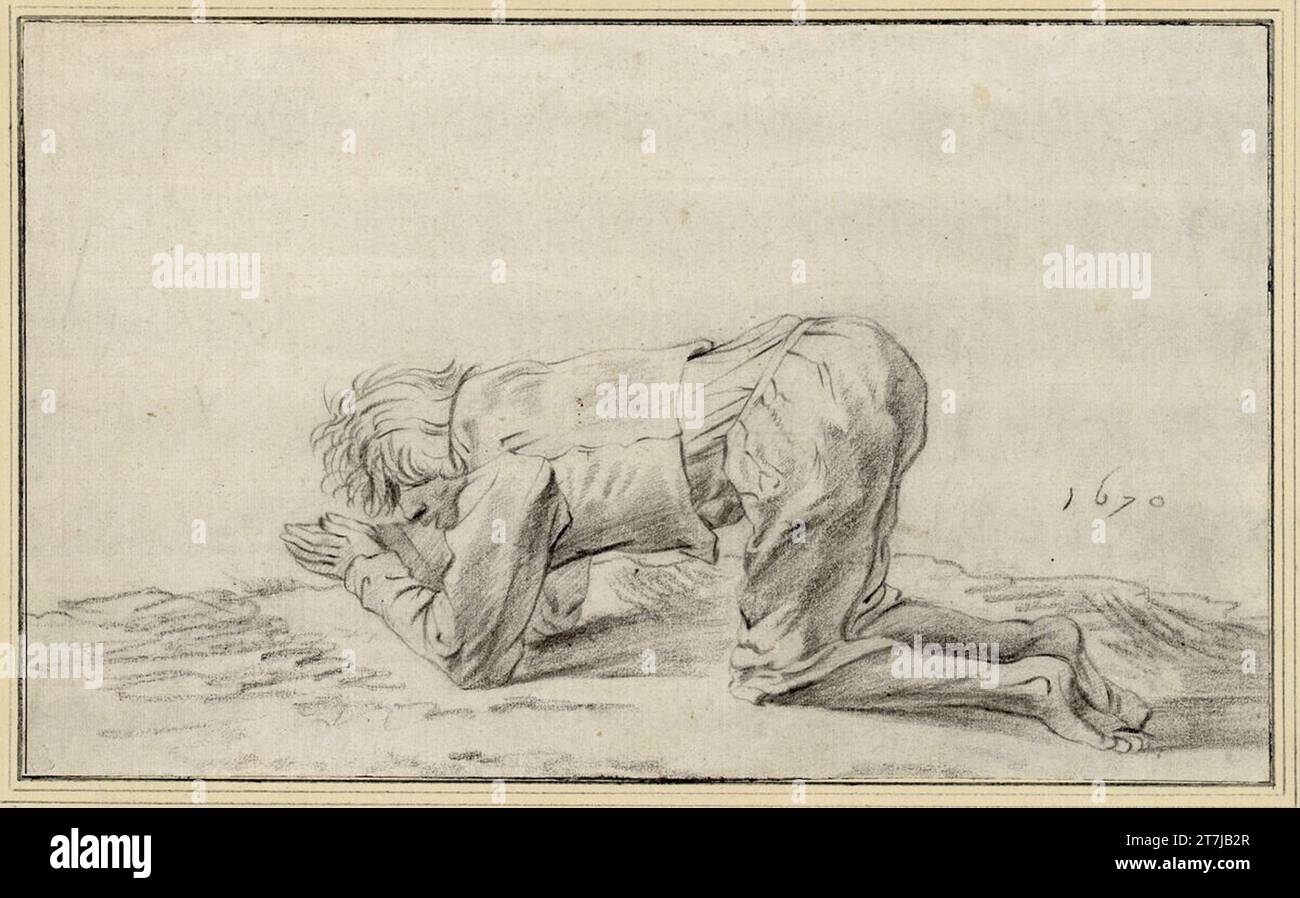 Herman Saftleven Young man, inginocchiato a sinistra e sostenuto a terra con i gomiti. Gesso nero 1670 , 1670 Foto Stock