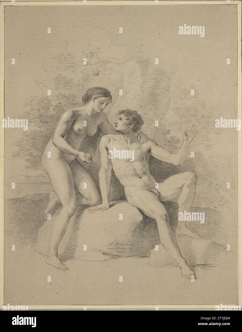 La tentazione di Joseph Hauber Adam. Gesso nero, rossastro, con gesso in bianco, su carta grigio chiaro 1813 , 1813 Foto Stock
