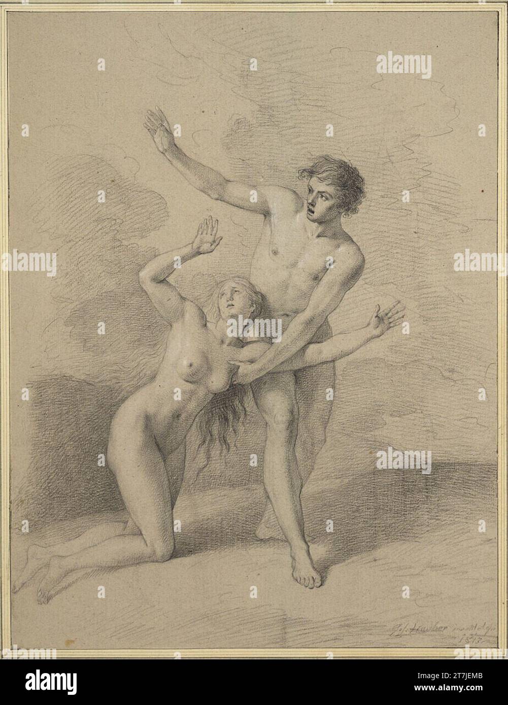 Joseph Hauber espulsione dal paradiso. Gesso nero, con tallone bianco, su carta grigio chiaro 1813 , 1813 Foto Stock