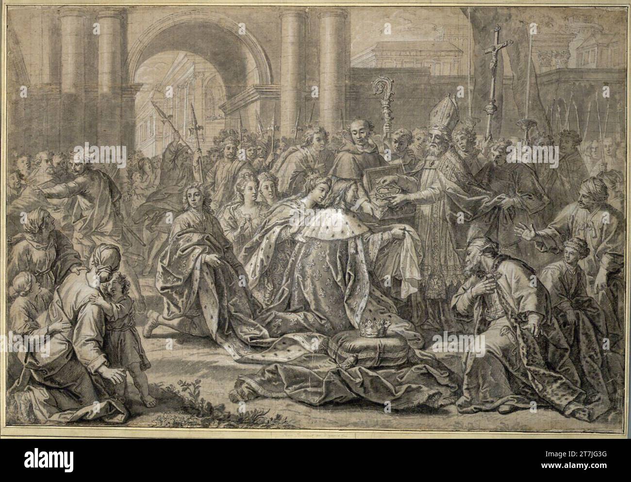 Jean André Saint Ludwig di Francia dà il benvenuto alla corona delle spine. Gesso nero, grigio, grigio, grigio, bianco copertura aumenta, griglia di ingrandimento in gesso nero Foto Stock